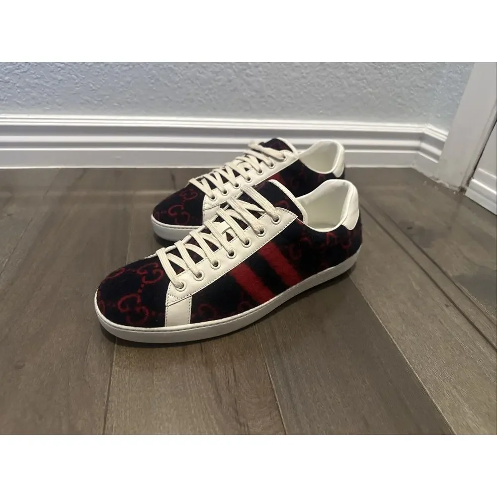 AUTHENTIC GUCCI WOOL ACE GG BLUE RED SNEAKERS 548495 GG 9.5 (fits USA 10.5)